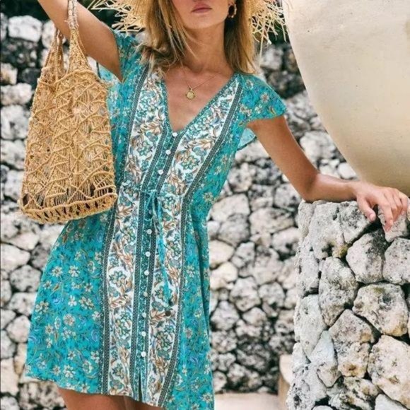 Dresses & Skirts - Boho Floral Gypsy Print Short Button Up Dress Blue